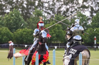 At düellosu. Mızrak dövüşü turnuvasındaki ortaçağ şövalyeleri. Şövalyeler yarışması.