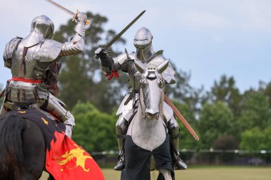 At düellosu. Mızrak dövüşü turnuvasındaki ortaçağ şövalyeleri. Şövalyeler yarışması.