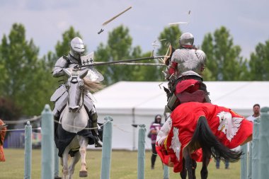 At düellosu. Mızrak dövüşü turnuvasındaki ortaçağ şövalyeleri. Şövalyeler yarışması.