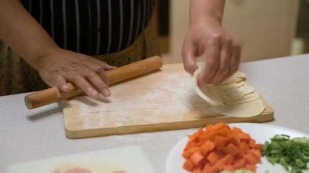Making Chinese Dumplings Ground Pork Vegetables Rolling Out Wrapper Dough — Stock Video