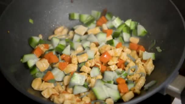 Cooking Stirring Chopped Chicken Breast Vegetables Non Stick Pan Closeup — Stock Video
