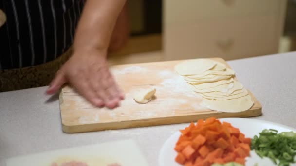 用猪肉和蔬菜做中国饺子 在厨房顶部把饺子的包装纸面团铺开 — 图库视频影像