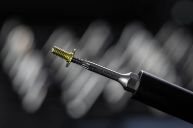 Torx sürücüsü bit ve alüminyum mıknatıslı bit sürücüsü yakın çekim. Manyetik prizli tornavida sapı ve kavrulmuş tutuşu.