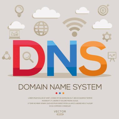 DNS - Alan adı sistemi, harfler ve simgeler ve vektör illüstrasyonu.