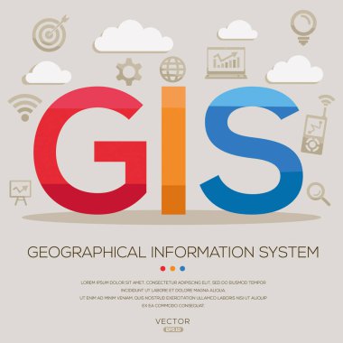 GIS - Coğrafi bilgi sistemi, harfler ve simgeler ve vektör illüstrasyonu.