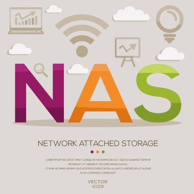 NAS - Ağ eklenmiş depolama, harfler ve simgeler ve vektör illüstrasyonu.