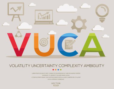 VUCA _ Volatilite belirsizlik belirsizlik belirsizlik belirsizlik belirsizlik, harfler ve simgeler, ve vektör illüstrasyonu.