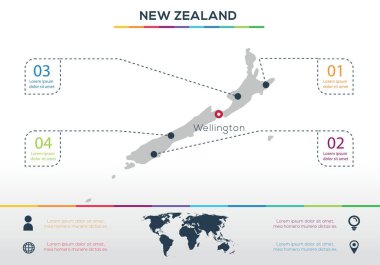 Yeni Zelanda haritası Bilgisel harita tasarımı, Vektör illüstrasyonu.