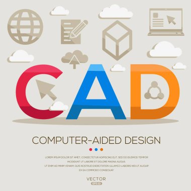 CAD _ Bilgisayar Destekli Tasarım, harfler ve simgeler ve vektör illüstrasyonu.