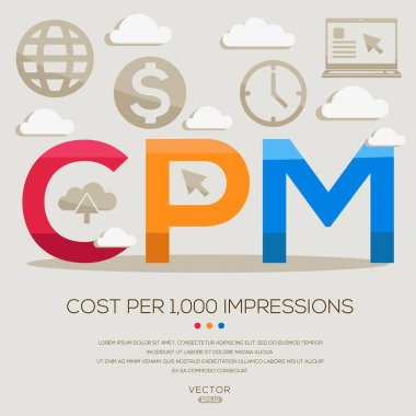 CPM _ 1,000 izlenim, harf ve simge başına maliyeti ve vektör illüstrasyonu.