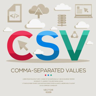CSV _ Virgülle ayrılmış değerler, harfler ve simgeler, ve vektör illüstrasyonu.
