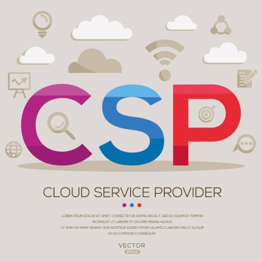 CSP _ Bulut servis sağlayıcısı, harfler ve simgeler ve vektör illüstrasyonu.