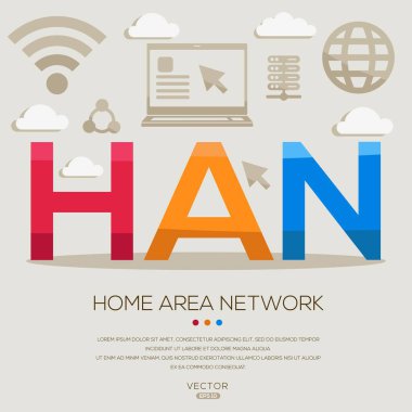 HAN _ Ev Alanı Ağı, harfler ve simgeler ve vektör illüstrasyonu.