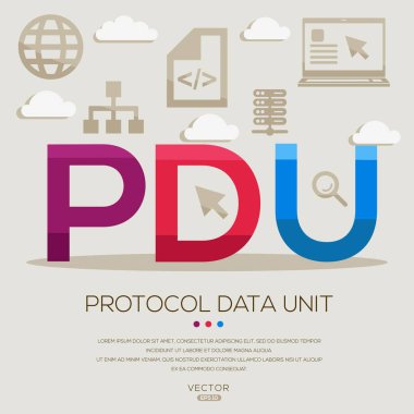 PDU _ Protokol Veri Birimi, harfler ve simgeler, ve vektör illüstrasyonu.