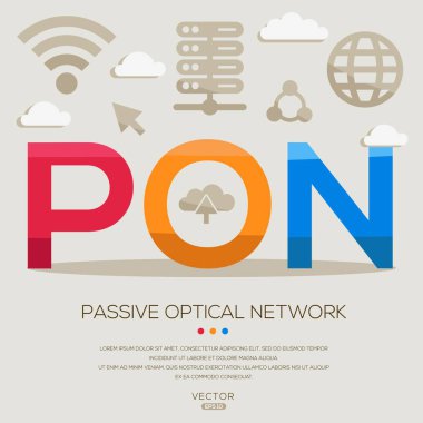 PON _ Pasif Optik Ağ, harfler ve simgeler ve vektör illüstrasyonu.