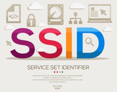 SSID _ Servis Tanımlayıcıyı, harfleri ve simgeleri ve vektör illüstrasyonunu ayarla.