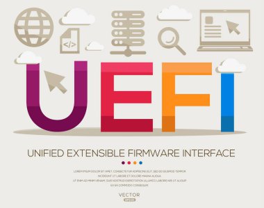 UEFI _ Birleşik Uzanabilir Yazılım Arayüzü, harfler ve simgeler ve vektör illüstrasyonu.