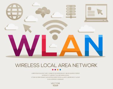 WLAN _ Kablosuz Yerel Alan Ağı, harfler ve simgeler ve vektör illüstrasyonu.