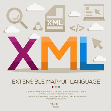 XML _ Genişletilebilir İşaretleme Dili, Harfler ve simgeler ve vektör illüstrasyonu.