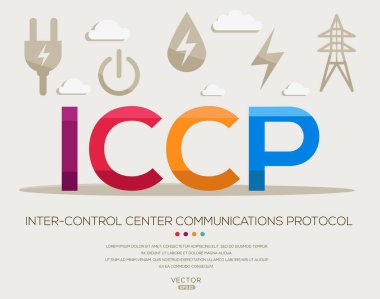 ICCP _ Denetim Merkezi İletişim Protokolü, harfler ve simgeler ve vektör illüstrasyonu.