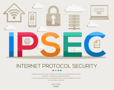 IPSec _ İnternet Protokol Güvenliği, harfler ve simgeler ve vektör illüstrasyonu.