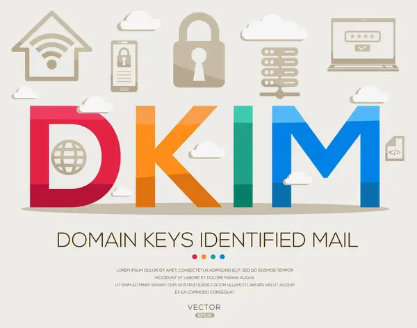 DKIM _ Alan Adları Tanımlanmış E- posta, harf ve simgeler ve vektör illüstrasyonu.