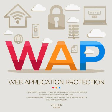 WAP _ Web Uygulama Koruması, harfler ve simgeler ve vektör illüstrasyonu.