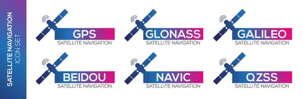 Stock vector Satellite navigation system icons, GPS, GLONASS, Galileo, BeiDou, NavIC, QZSS, Vector Icons set.