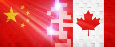 Yaratıcı Bayraklar Tasarımı (Çin ve Kanada) bayrak, 3D illüstrasyon.