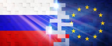 Yaratıcı Bayraklar Tasarımı (Rusya ve Avrupa Birliği) bayrak, 3D illüstrasyon.