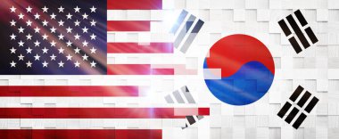 Yaratıcı Bayraklar Tasarımı (Amerika Birleşik Devletleri ve Güney Kore) bayrak, 3D illüstrasyon.