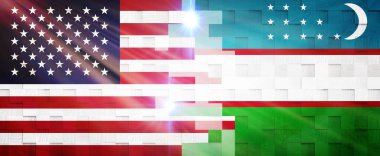 Amerika Birleşik Devletleri ve Özbekistan 'ın Yaratıcı Bayraklar Tasarımı (Bayraklar) afişi, 3D illüstrasyon.