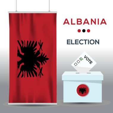 Arnavutluk seçim arkaplanı oy sandığı ve vektör illüstrasyonuyla.