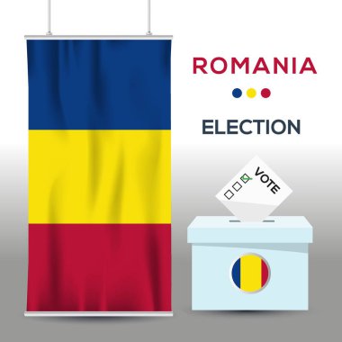 Romanya seçim arkaplanı oy sandığı ve vektör illüstrasyonuyla.
