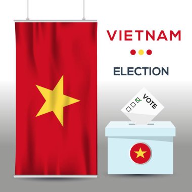 Vietnam seçim bayrağı arka planı oy sandığı, vektör illüstrasyonu.
