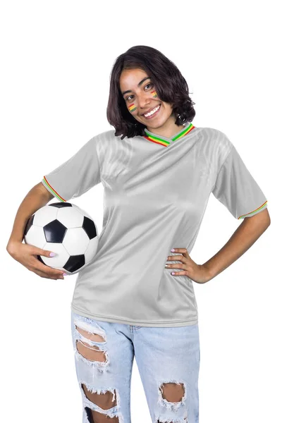 Mladý Fotbalový Fanatik Žena Ghana Šedý Sportovní Dres Míč Rukou — Stock fotografie