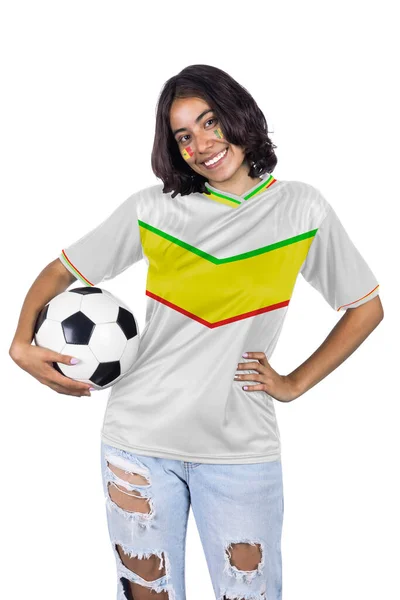Mladý Fotbalový Fanatik Žena Senegal Bílý Sportovní Dres Míč Rukou — Stock fotografie