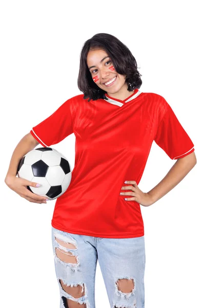 Jovem Fanática Por Futebol Com Camisola Esportiva Suíça Bola Nas — Fotografia de Stock