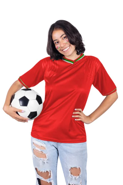 Mladý Fotbalový Fanatik Žena Wales Červený Sportovní Dres Míč Rukou — Stock fotografie