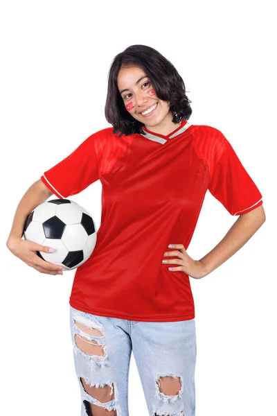 Junge Fußballfanatikerin Mit Rotem Tunesien Trikot Und Ball Der Hand — Stockfoto
