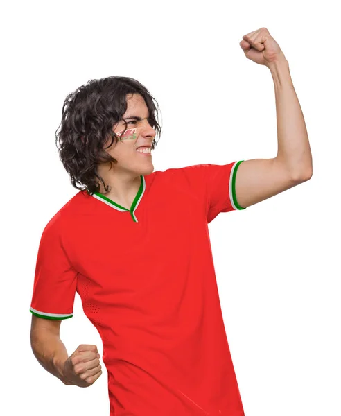Miłośnik Piłki Nożnej Koszulką Twarzą Pomalowaną Flagą Walii Krzyczy Emocji — Zdjęcie stockowe
