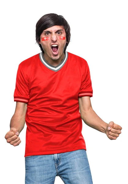 Soccer Fan Man Jersey Face Painted Flag Switzerland Team Screaming — Stock Photo, Image