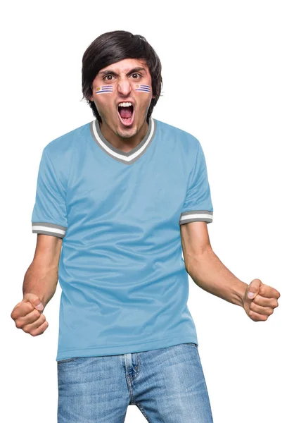 Soccer Fan Man Jersey Face Painted Flag Uruguay Team Screaming — Stock Photo, Image