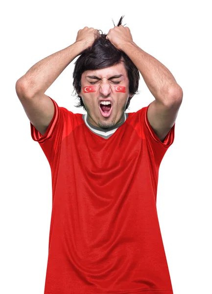 Młody Fan Piłki Nożnej Czerwonej Koszulce Tunezji Sfrustrowany Porażką Swojej — Zdjęcie stockowe