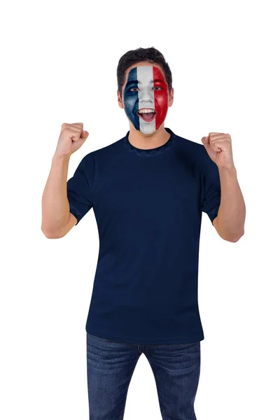 Młody Fanatyk Sportu Piłki Nożnej Niebieską Koszulką France Szczęśliwy Krzycząc — Zdjęcie stockowe