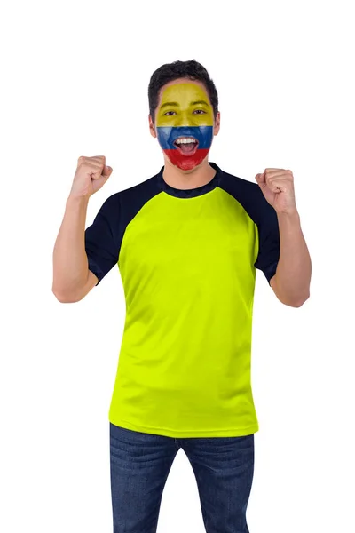Młody Fanatyk Sportu Piłki Nożnej Żółtej Koszulce Ekwadoru Szczęśliwy Krzycząc — Zdjęcie stockowe