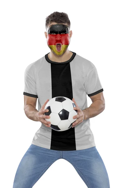 Miłośnik Piłki Nożnej Koszulką Twarzą Pomalowaną Flagą Niemieckiej Drużyny Krzyczącej — Zdjęcie stockowe
