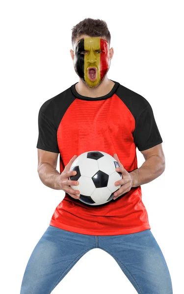 Homem Futebol Com Camisa Rosto Pintado Com Bandeira Equipe Bélgica — Fotografia de Stock