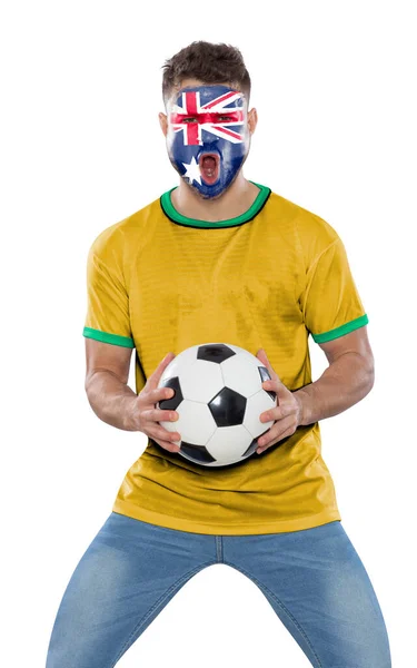 Miłośnik Piłki Nożnej Koszulką Twarzą Pomalowaną Flagą Drużyny Australijskiej Krzyczącej — Zdjęcie stockowe