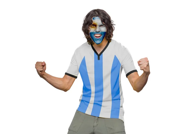 Foci Rajongó Férfi Mez Arc Festett Zászló Argentin Csapat Sikoltozó — Stock Fotó